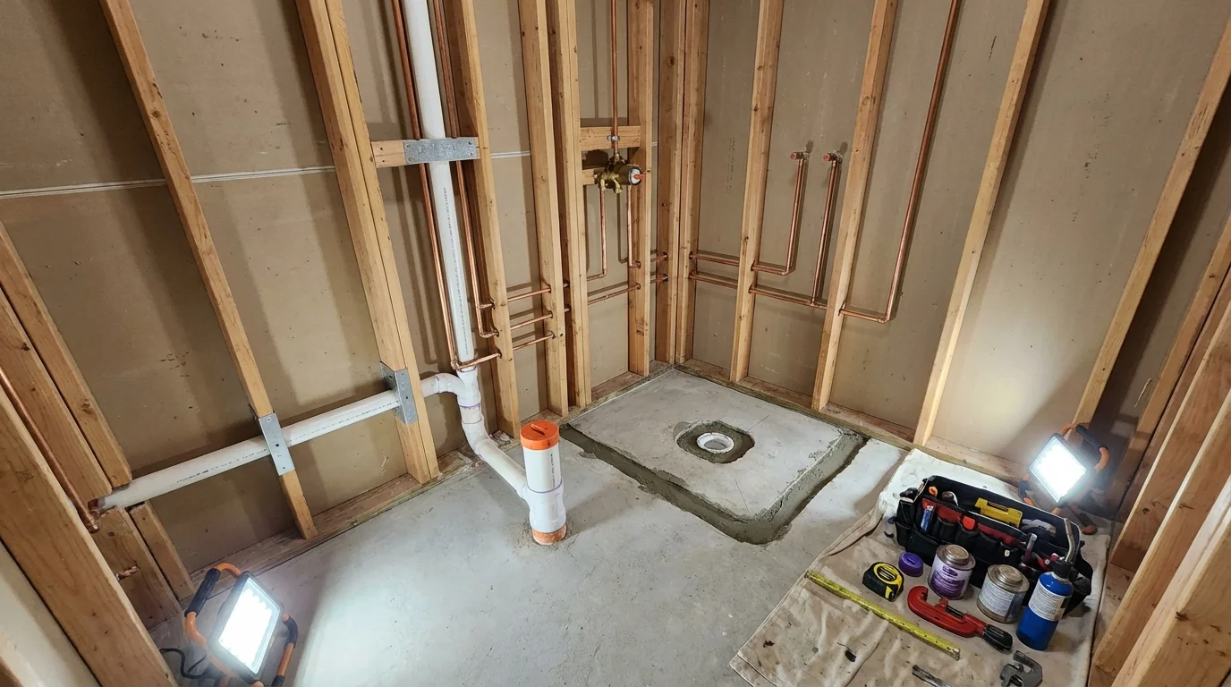Bathroom rough-in plumbing during remodel by Johns Plumbing LLC in Purcell