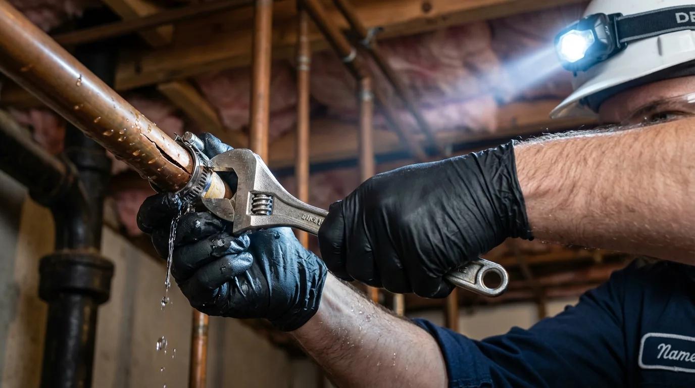 Emergency pipe clamp repair being performed by a Johns Plumbing LLC plumber in Purcell