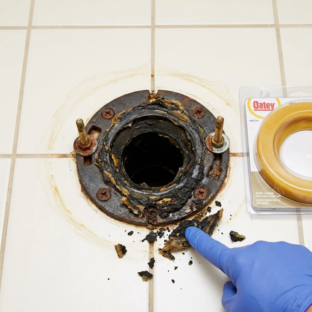 Failed wax ring showing water seepage at the base of a toilet in a Purcell, OK home